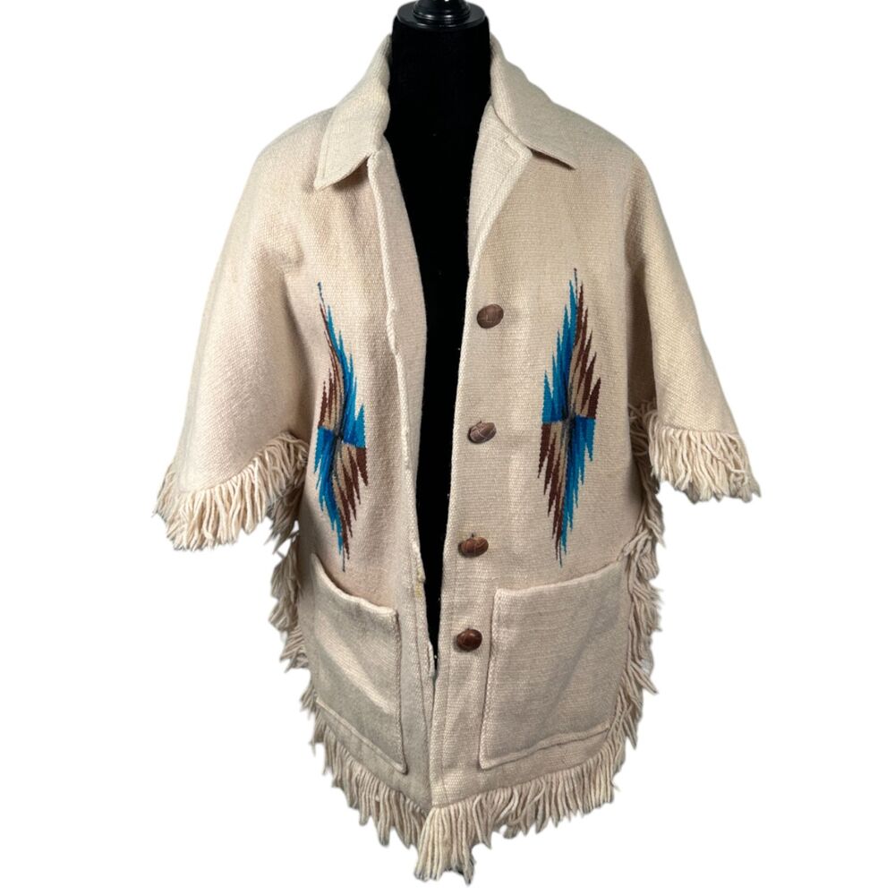 Ortega's Chimayo N.M. 1970s Wool Hand Woven Short Sleeve Fringe Medium - READ